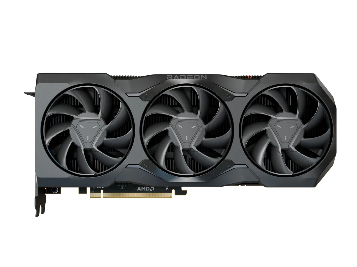 Large graphics card with triple fans and silver-grey shroud, three-slot thickness