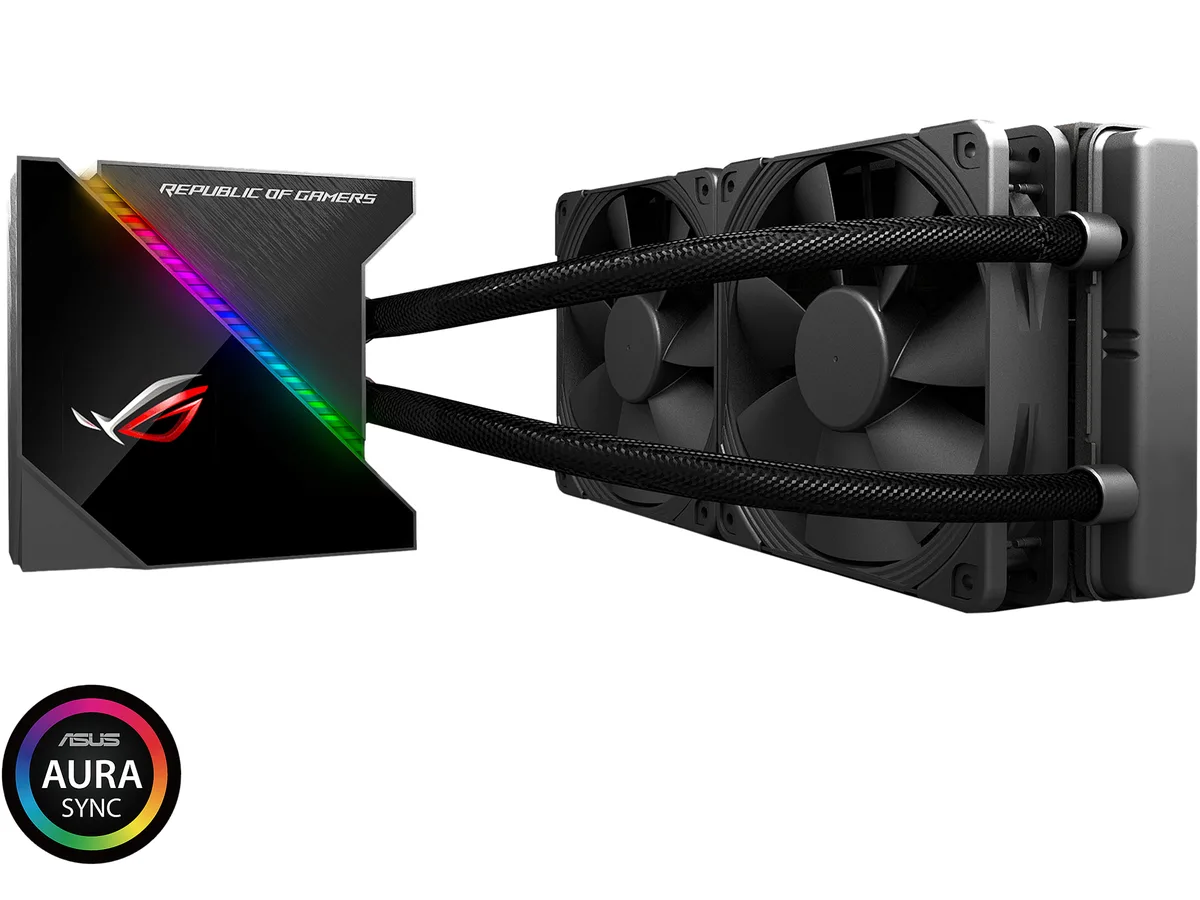 Black AIO liquid cooler with 240mm radiator, dual 120mm fans and square pump block featuring 1.77 inch OLED display