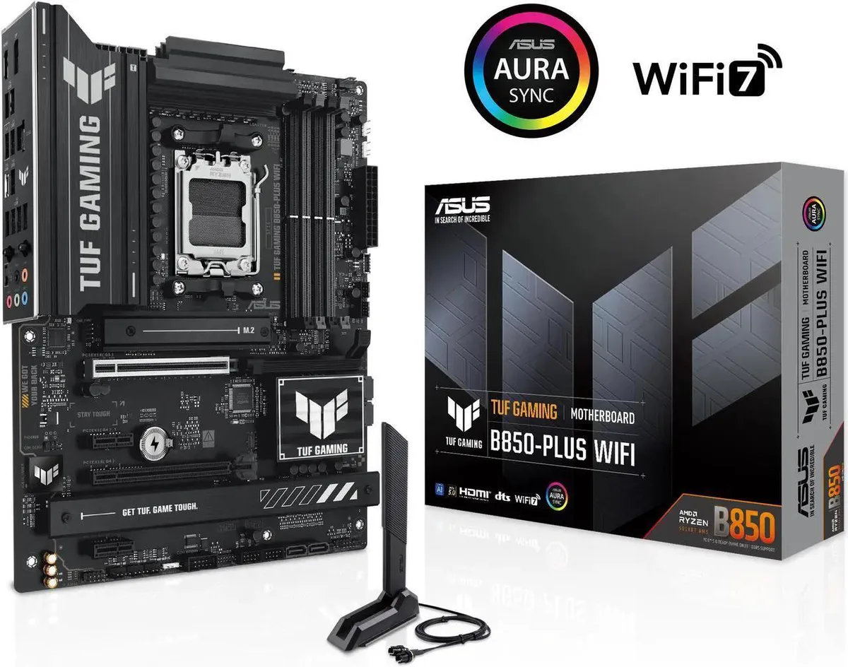 ATX motherboard in matte black with silver heatsinks and yellow accents
