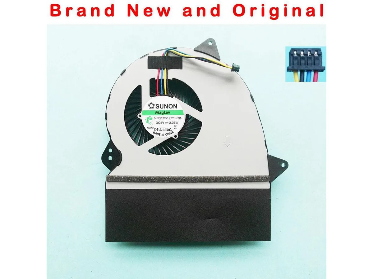 Small rectangular laptop CPU cooler with black finned heatsink and axial fan