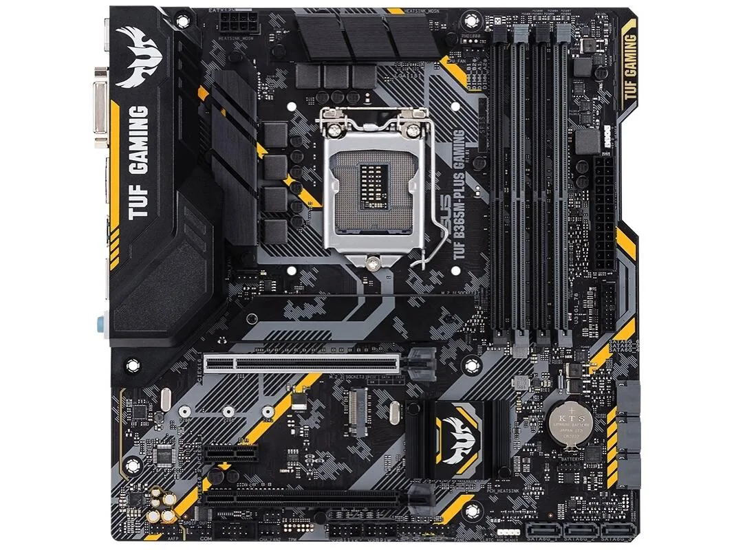 ASUS TUF B365M-PLUS GAMING Micro ATX motherboard with black PCB and grey heatsinks