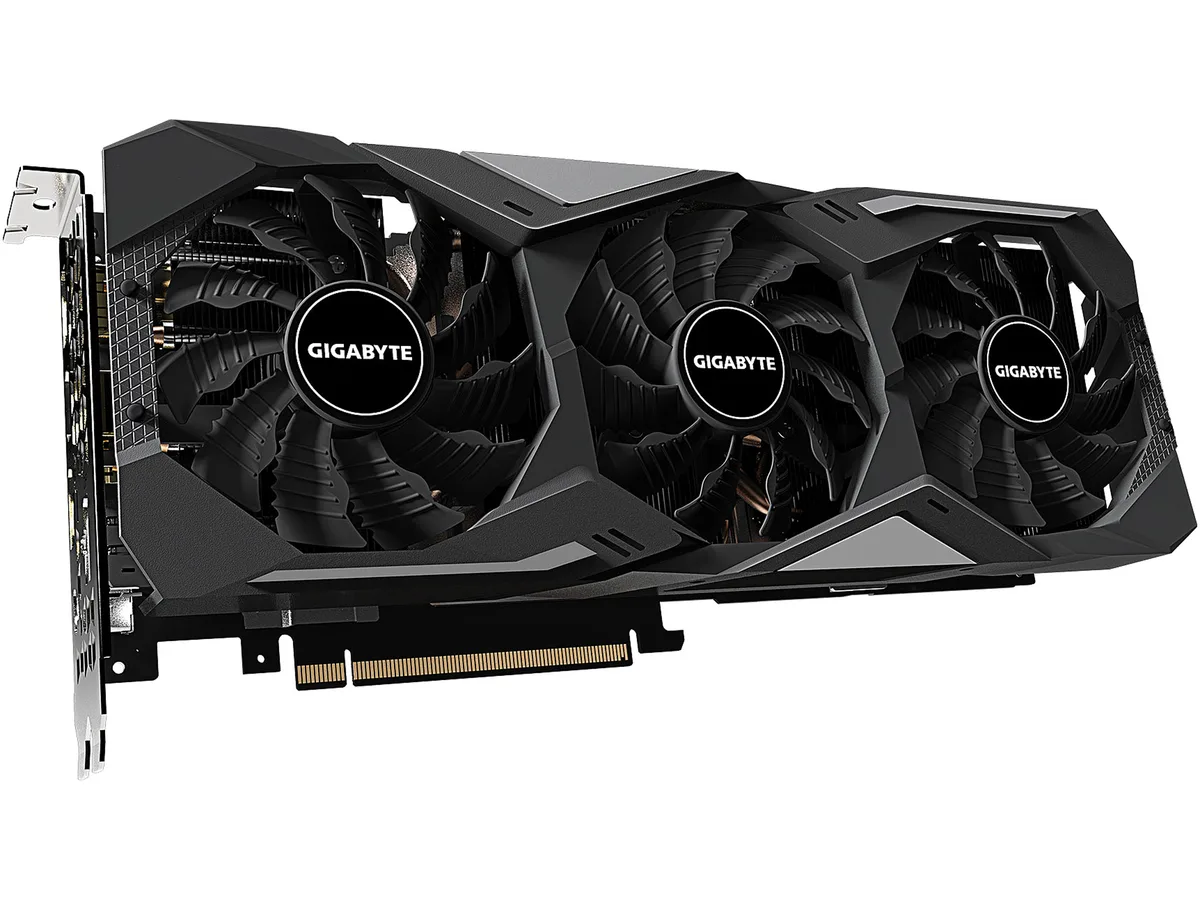 Triple-fan graphics card with metal backplate, black and silver finish