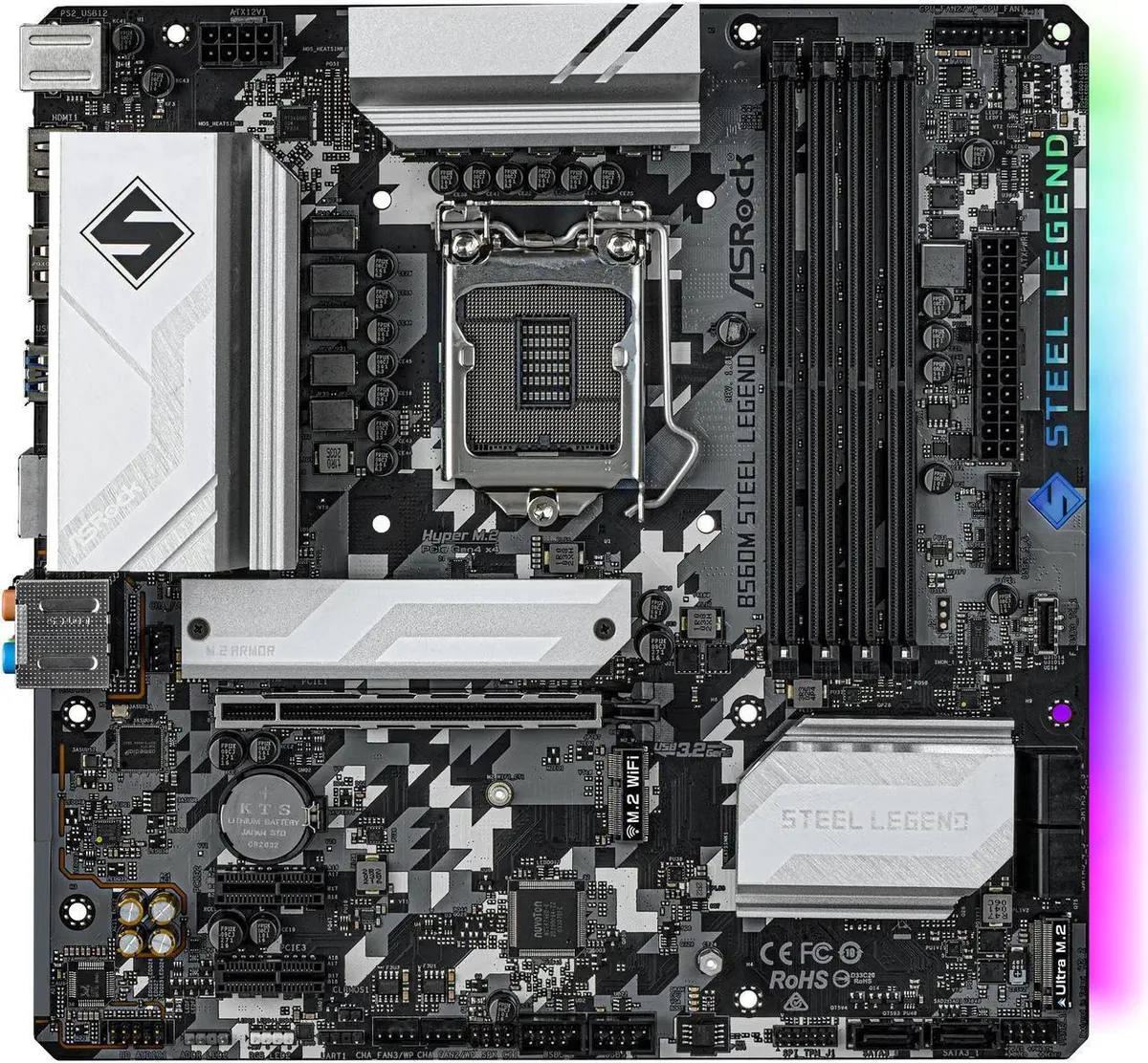 Micro ATX motherboard with silver and grey heatsinks