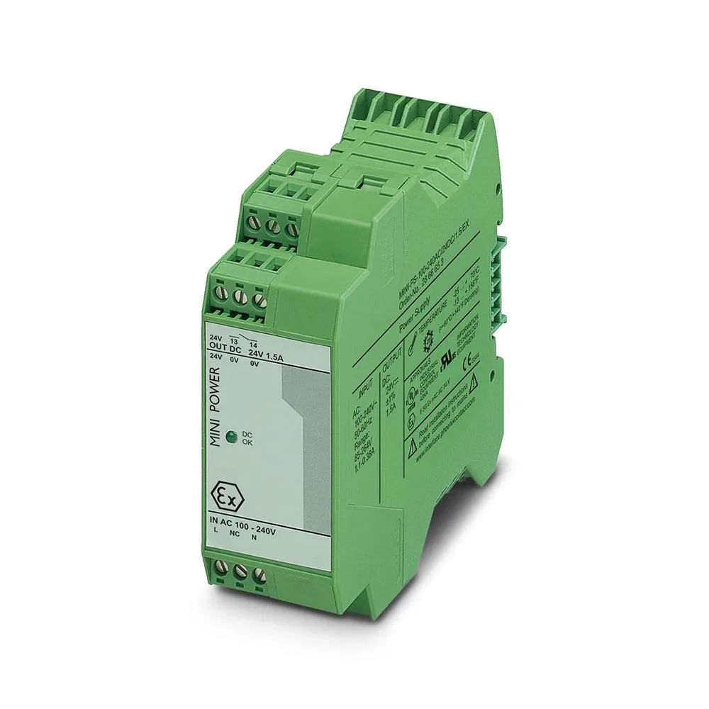 Compact ATX power supply unit, silver metal casing with label and connector sockets