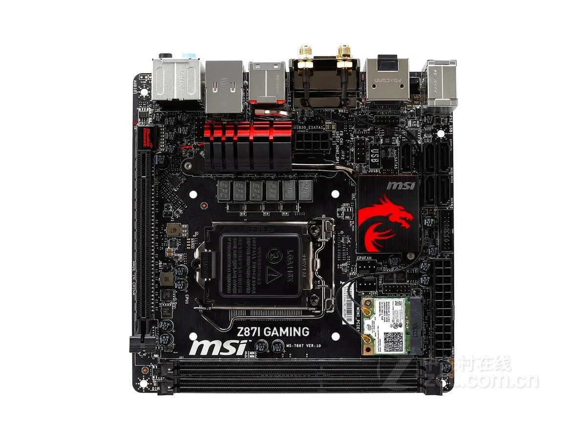 Green Mini-ITX motherboard with black I/O shield and silver PCIe slot
