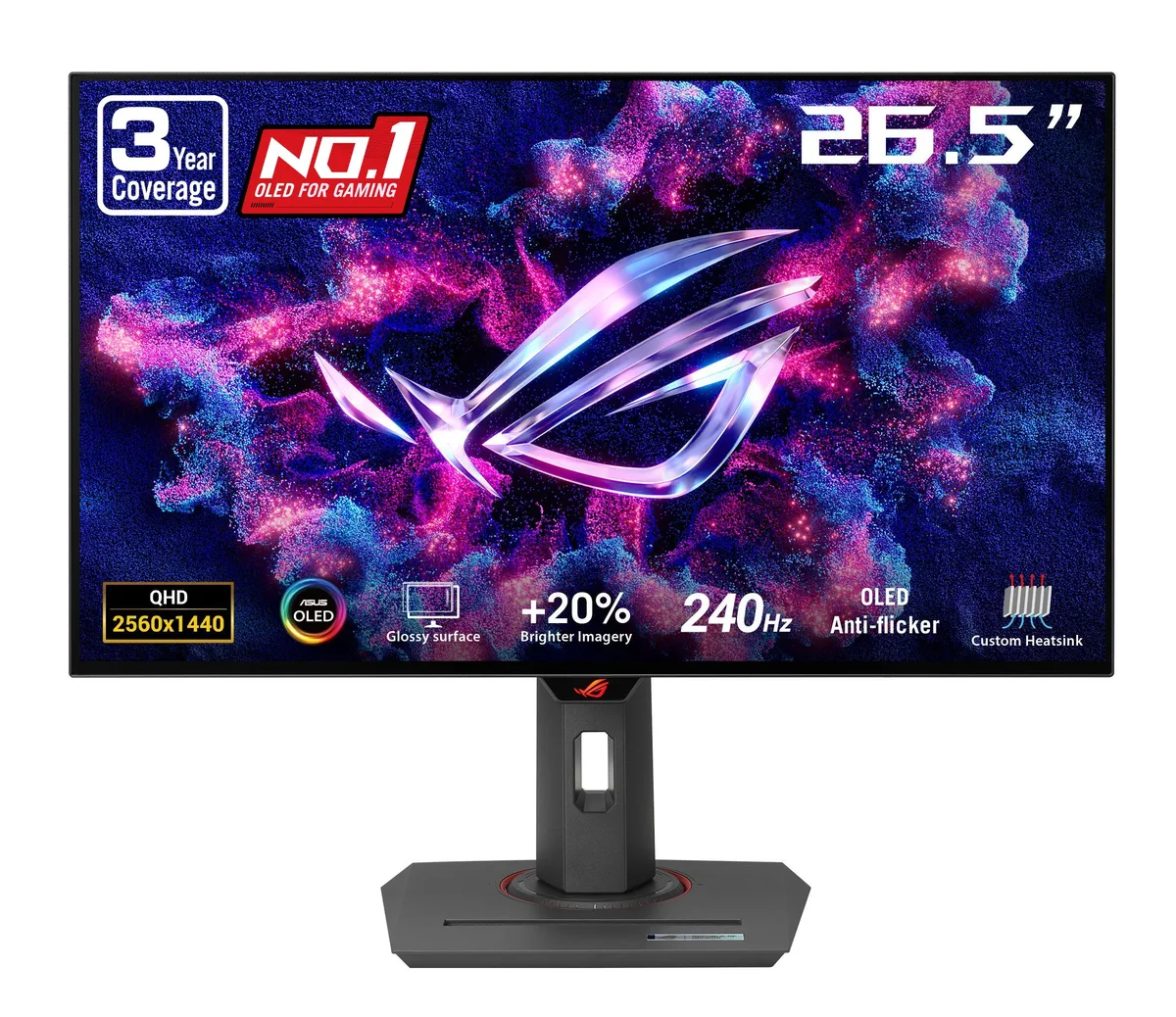 27 inch black OLED gaming monitor with glossy screen and ultrathin bezels on adjustable stand