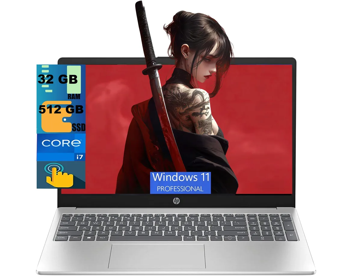Silver 15.6-inch touchscreen laptop with slim profile