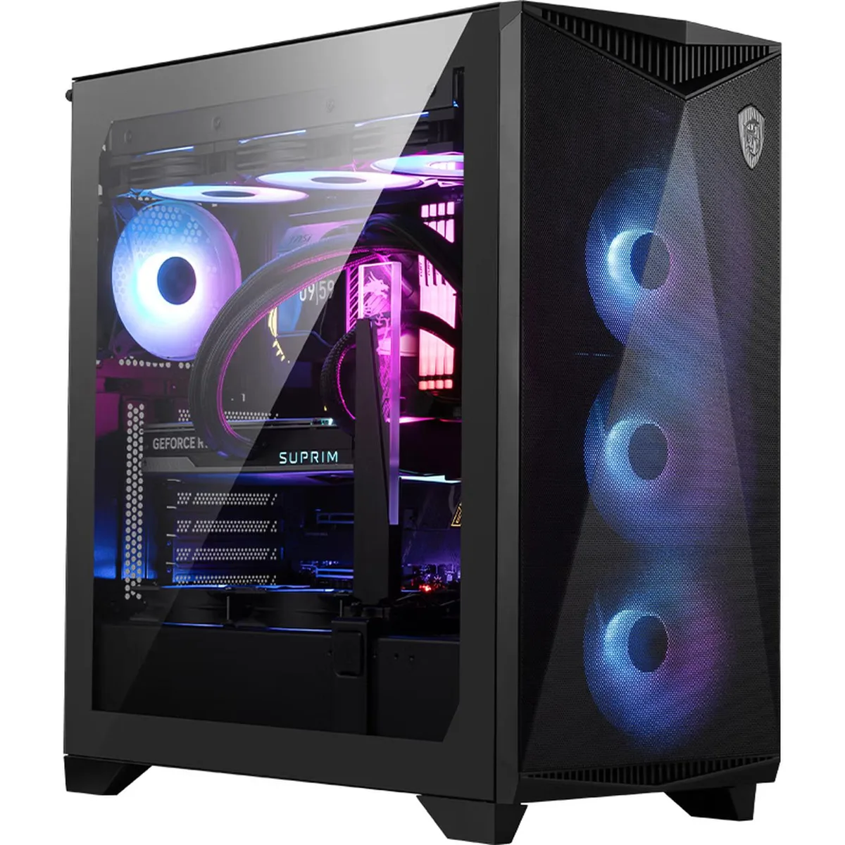 Black mid-tower case with perforated front panel and four ARGB fans visible