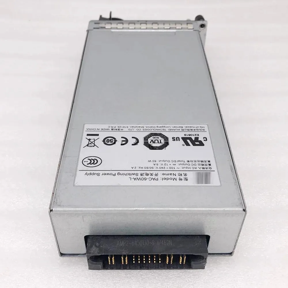 Rectangular black metal power supply unit with side label