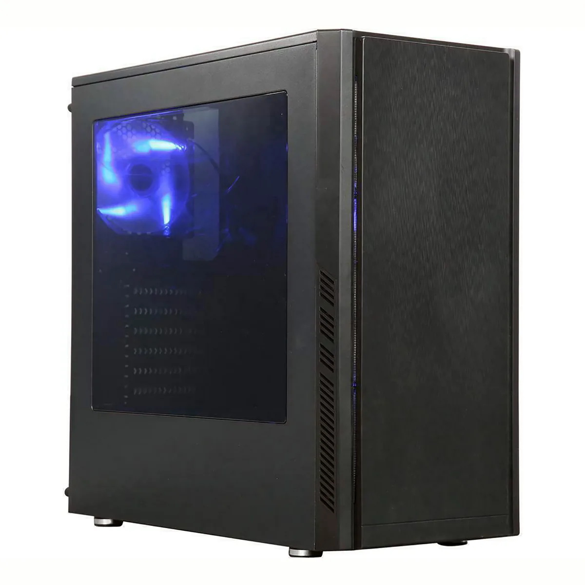 Black mid-tower gaming case with tempered glass side panel and RGB lighting visible inside