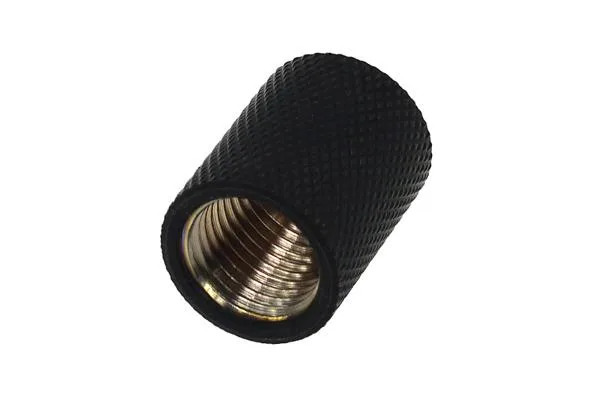 Cylindrical brass fitting with matte black finish and G1/4 female threads at both ends
