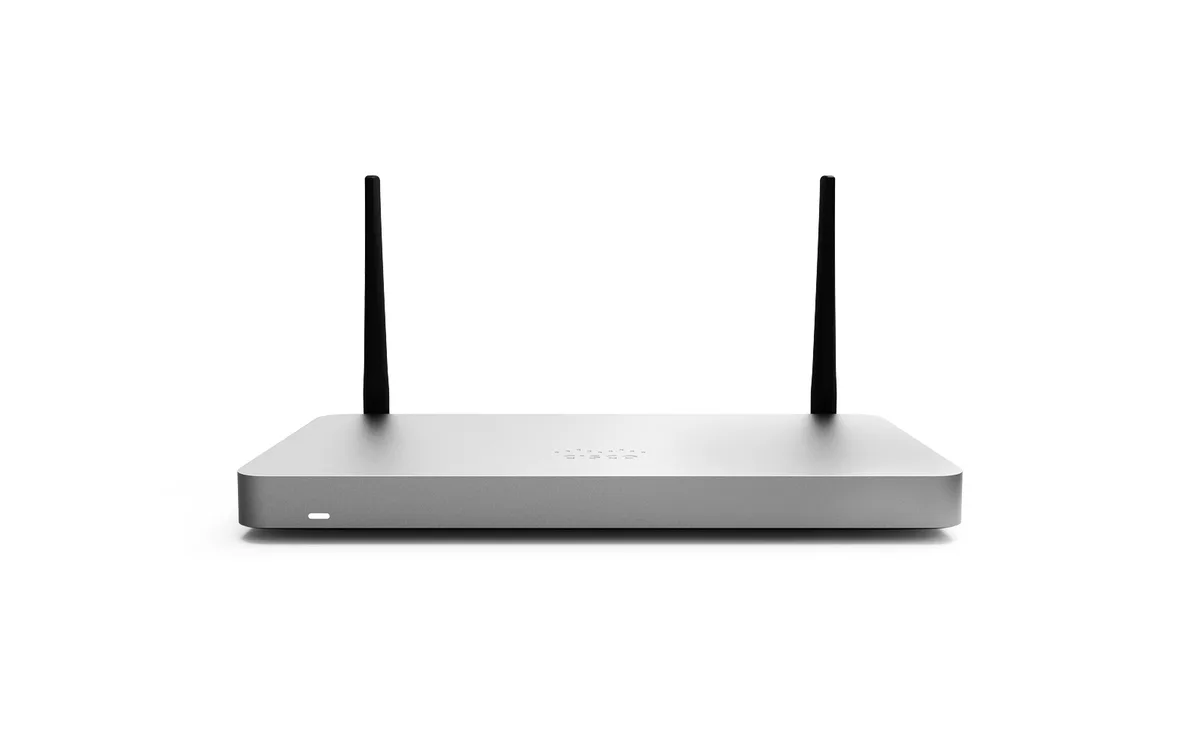 White rectangular desktop router with ten RJ-45 ports and fixed external paddle antennas