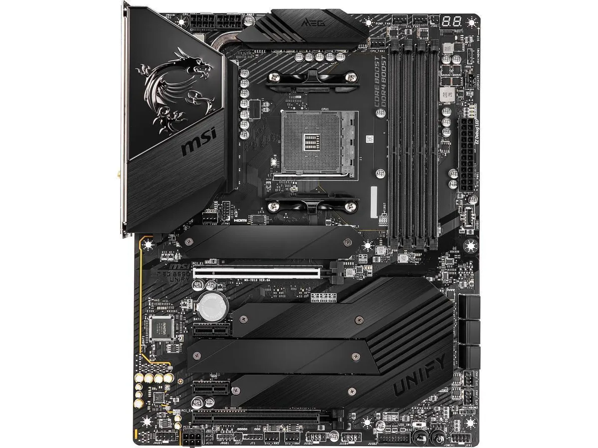 Rectangular ATX motherboard in matte black with silver heatsinks and a rear I/O shield