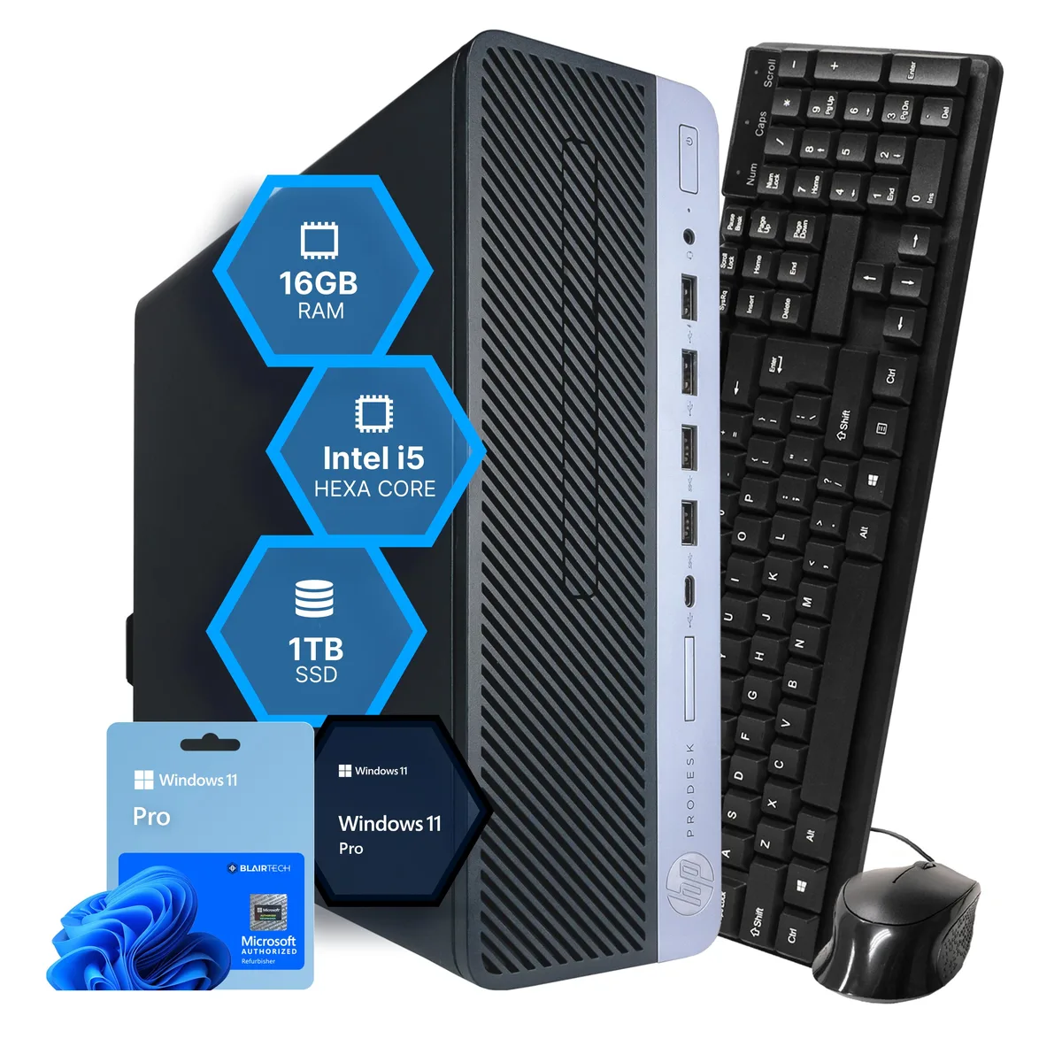 Black and silver HP ProDesk 600 G4 desktop tower with wired keyboard and mouse