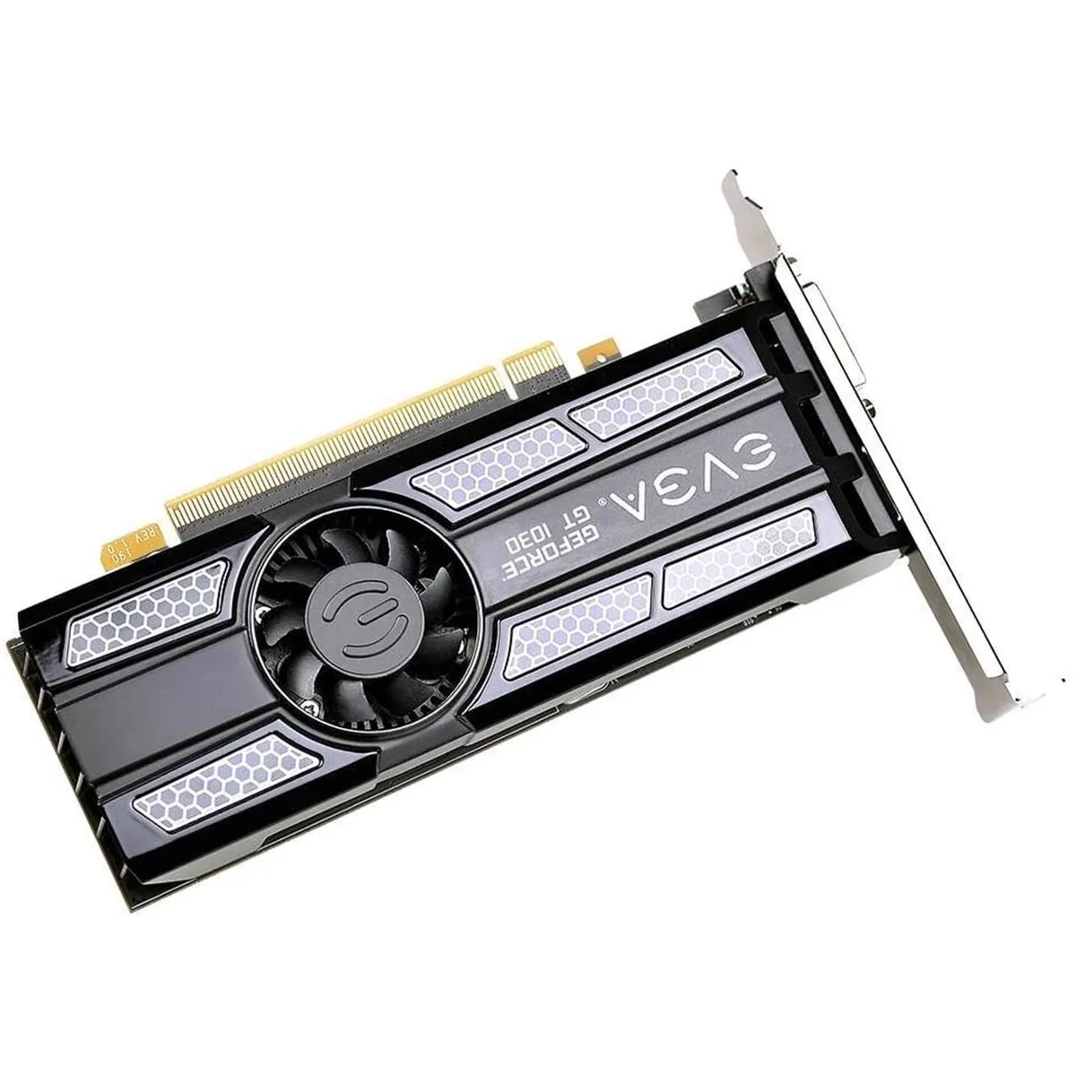 Black low-profile graphics card with single-slot cooler, one HDMI one DVI one VGA port