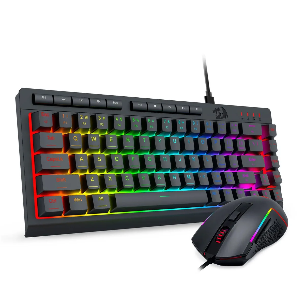 Black 60% compact keyboard and matching optical mouse, both with RGB backlighting, wired USB connection