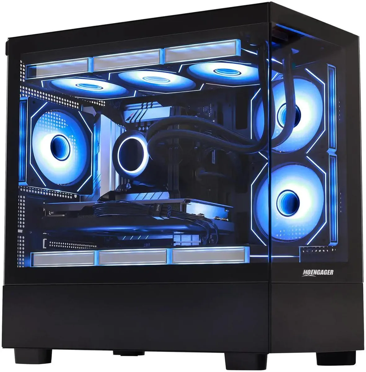 Black mid-tower gaming desktop with liquid cooling and RGB lighting