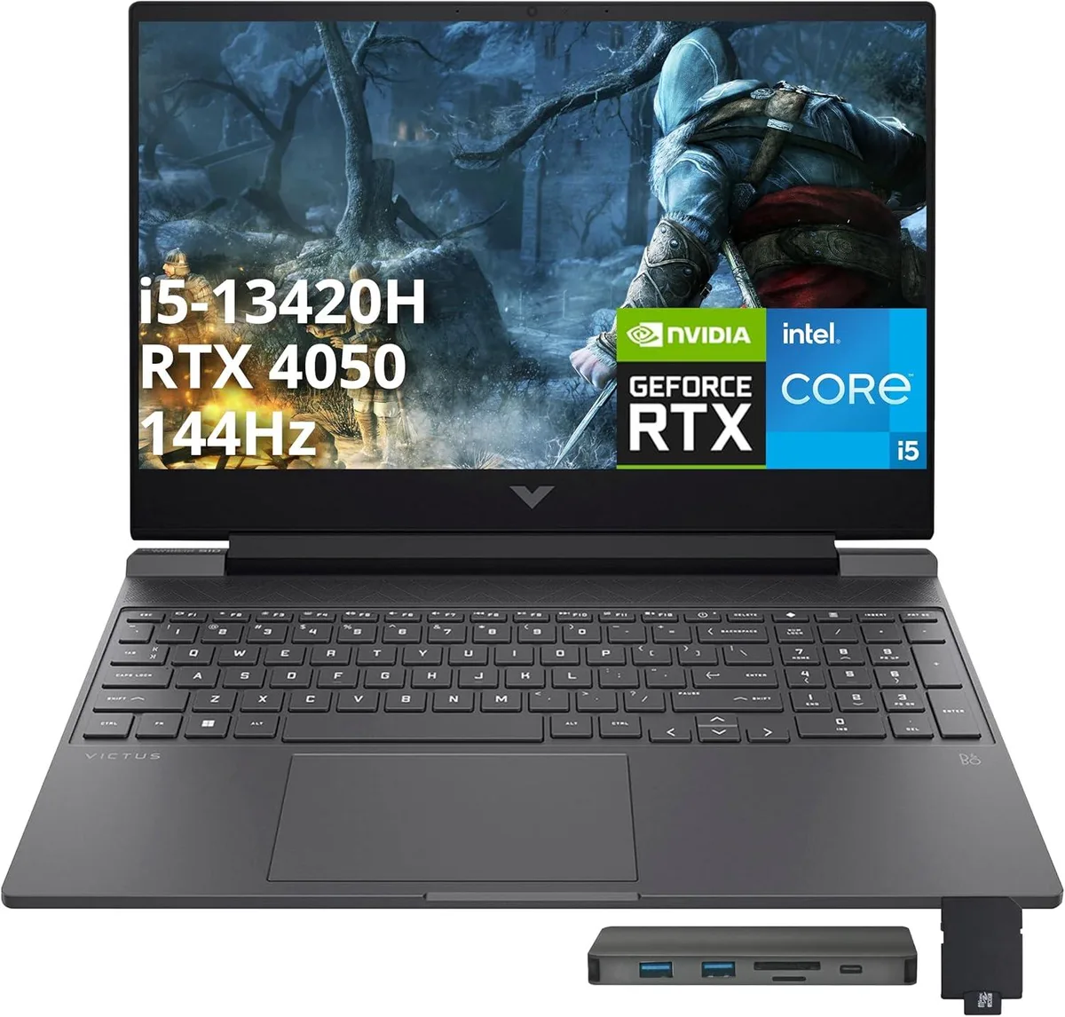 Silver gaming laptop with 15.6 inch screen and compact docking station set