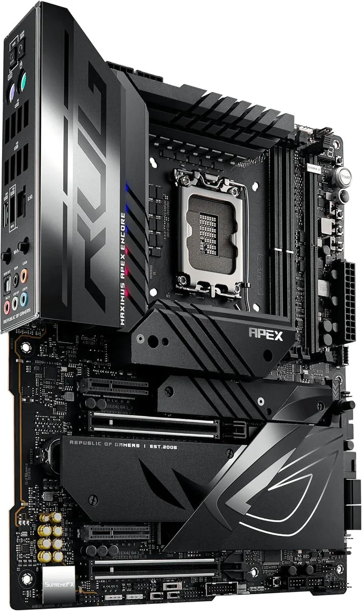 ATX motherboard dark circuit board with silver heatsinks and gold socket detail