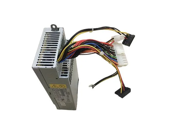 Rectangular ATX power supply unit in metal casing with fan grille and cable bundle