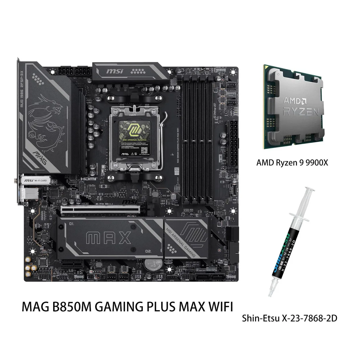 MSI MAG B850 motherboard with Ryzen 9 9900X CPU in AM5 socket