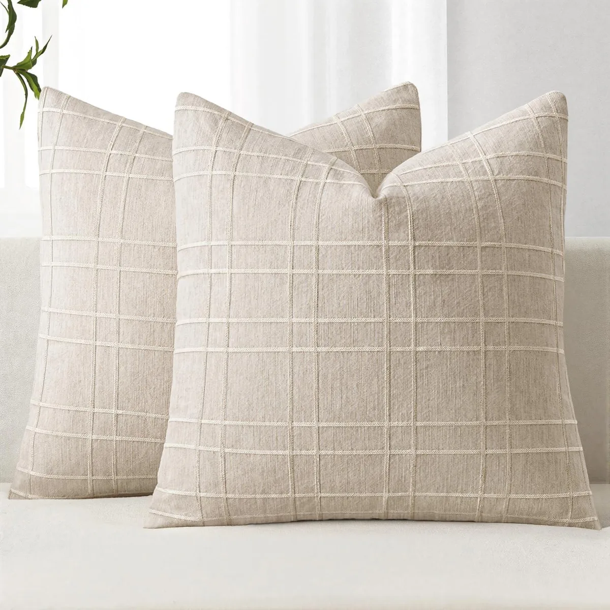  MIULEE Linen Plaid Pillow Covers 20x20 Natural Beige Set of 2 — 商品照片