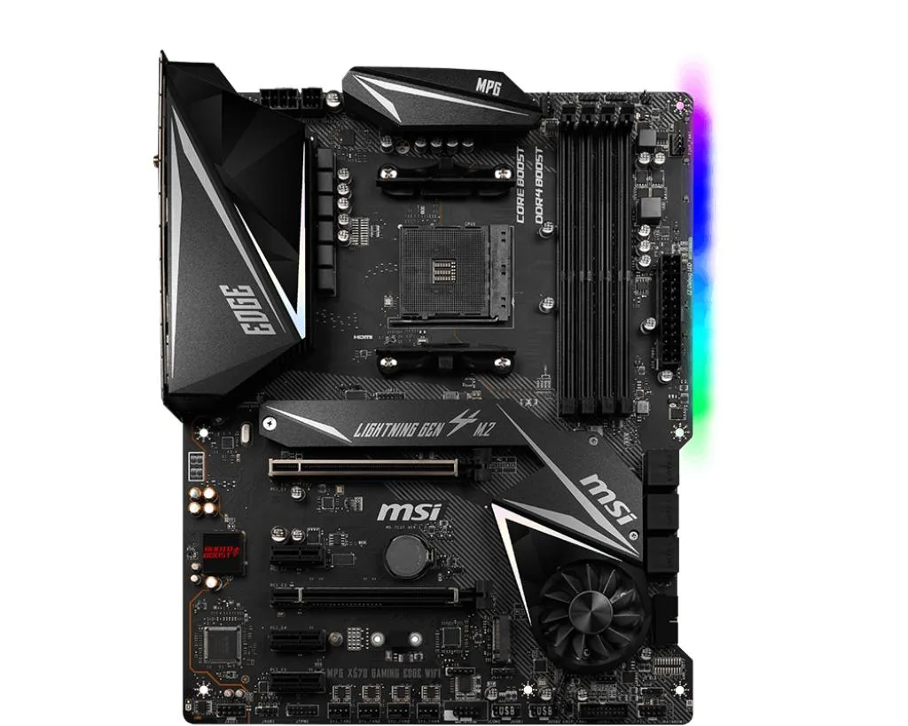 Rectangular ATX motherboard in dark grey and black with silver heatsinks and gold AM4 socket