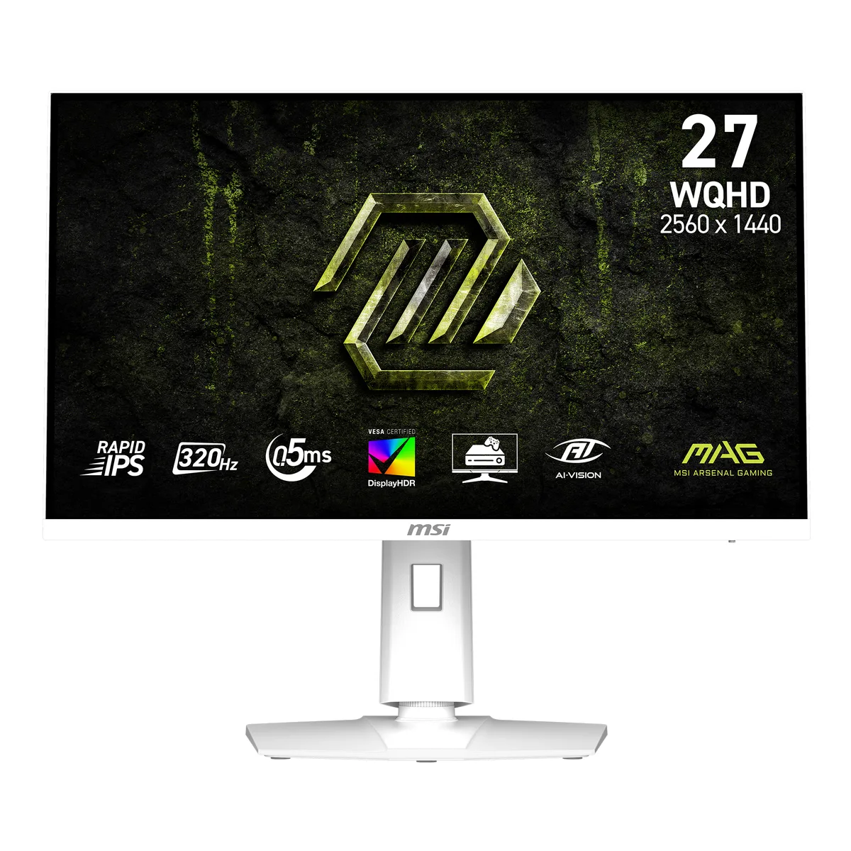 White 27 inch gaming monitor on height adjustable stand with tilt swivel and pivot