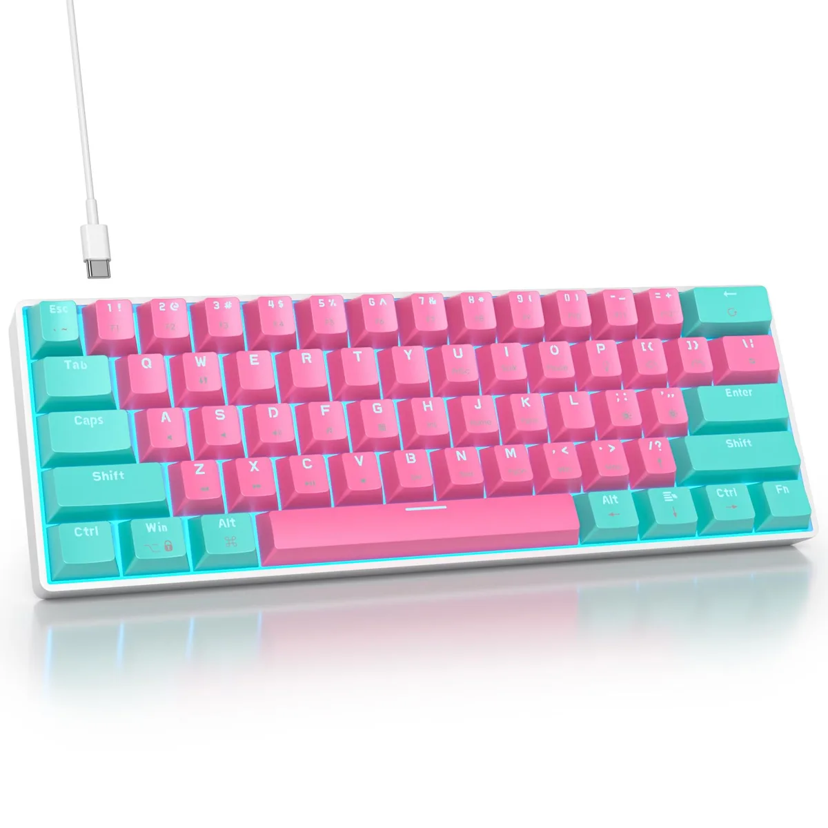 Pink and cyan 61-key compact mechanical keyboard with red linear switches, PBT shine-through keycaps, single-colour backlight