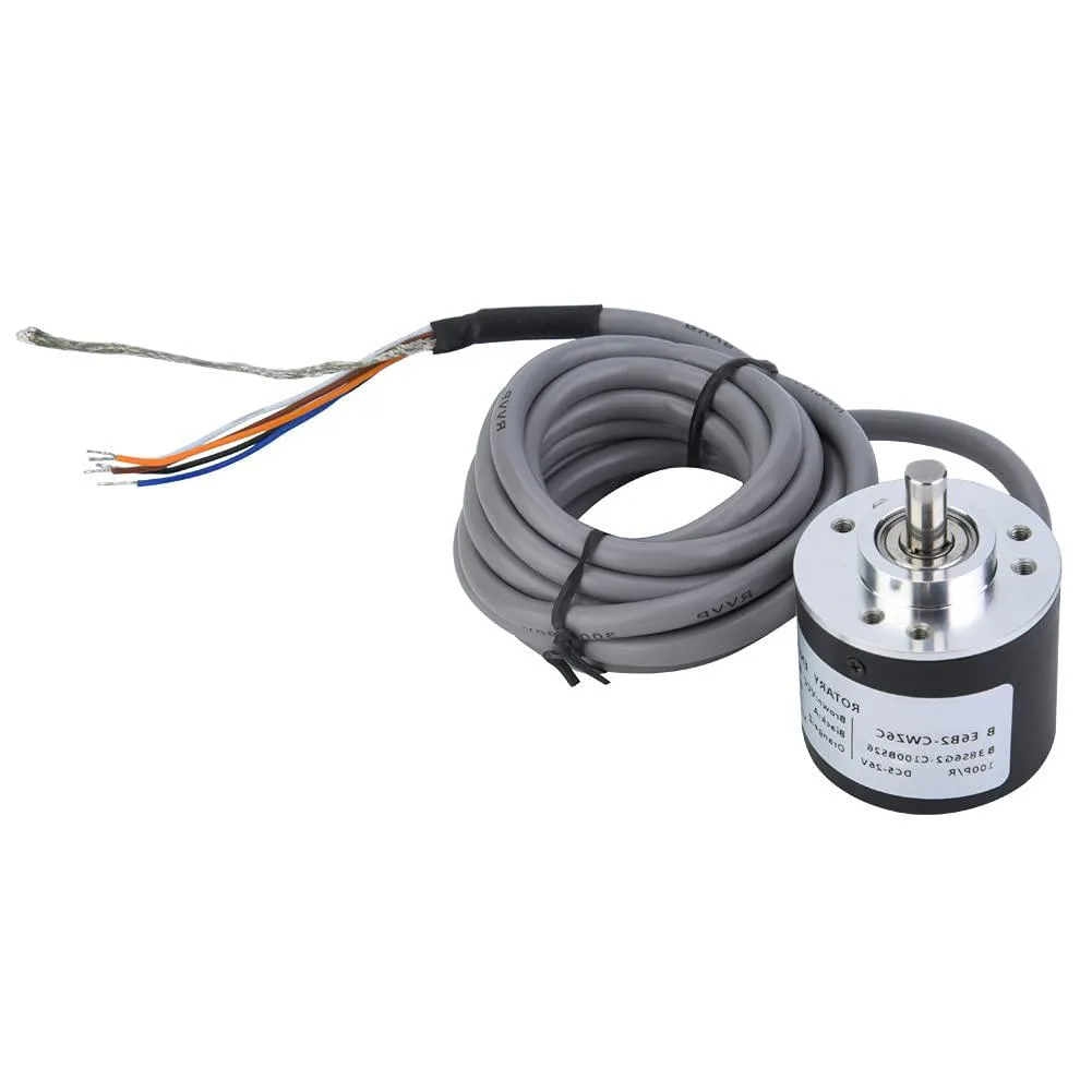 Small silver metal encoder cylinder with a 38 mm body and a protruding stainless steel shaft