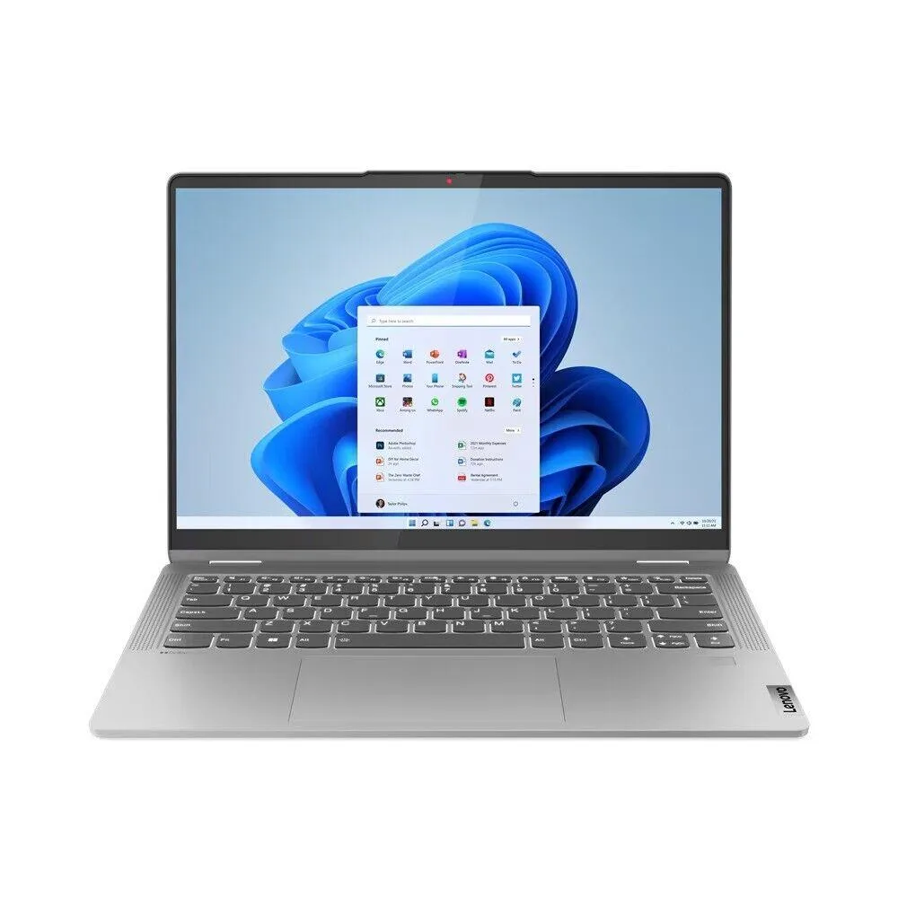Silver 2-in-1 convertible laptop with 14-inch display and flexible hinge