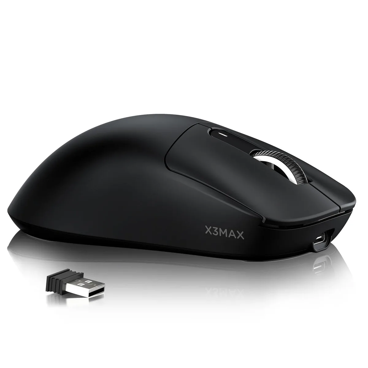 Black ultralight gaming mouse, right-handed shape, matte finish, 49g