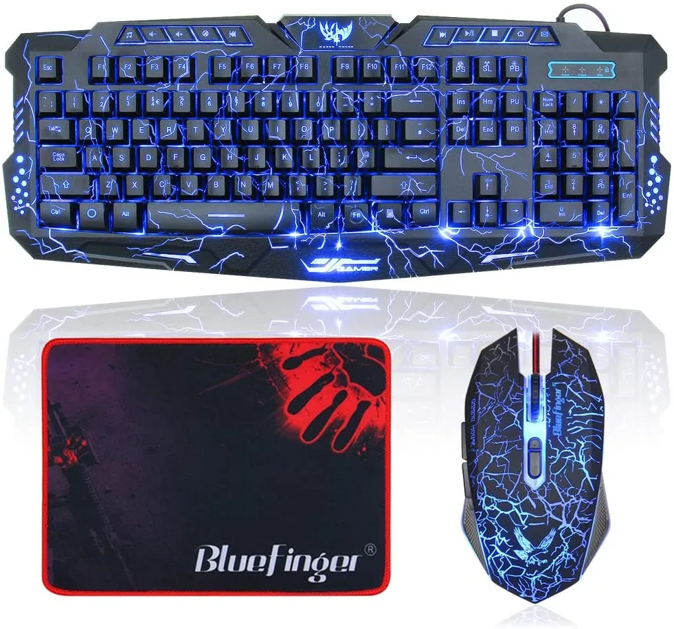 Black wired gaming keyboard with three-colour crack backlighting, matching mouse and large cloth mouse pad