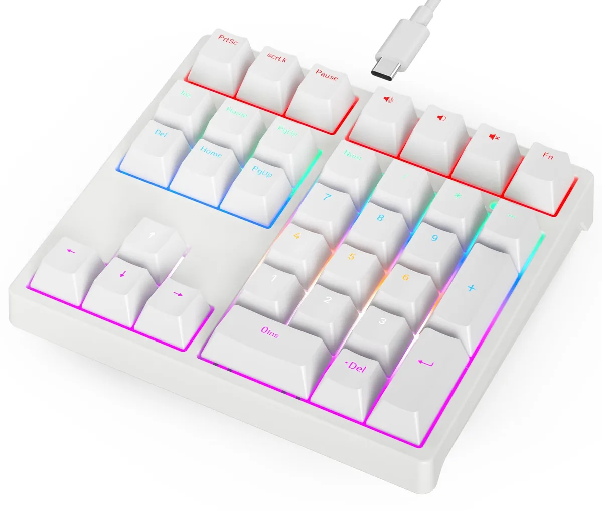 White 34-key numeric keypad with blue mechanical switches and RGB backlighting
