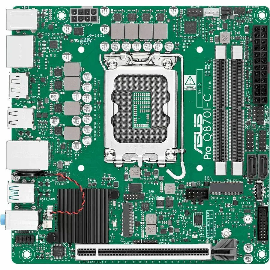 Green Mini ITX motherboard with silver I/O shield and HDMI 2.1 port