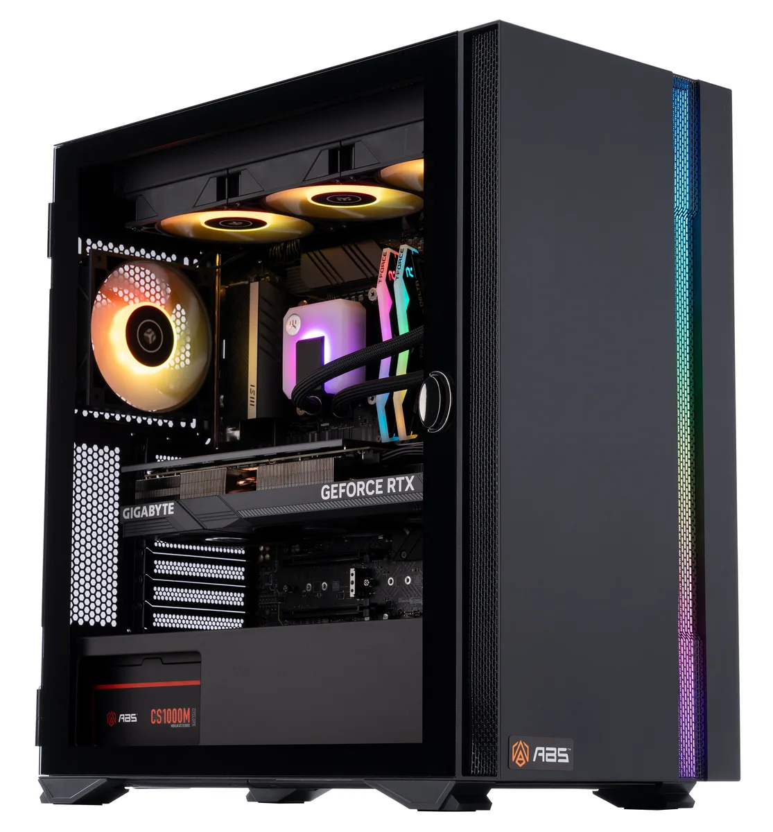 Black mid-tower gaming desktop with RGB memory and liquid cooling