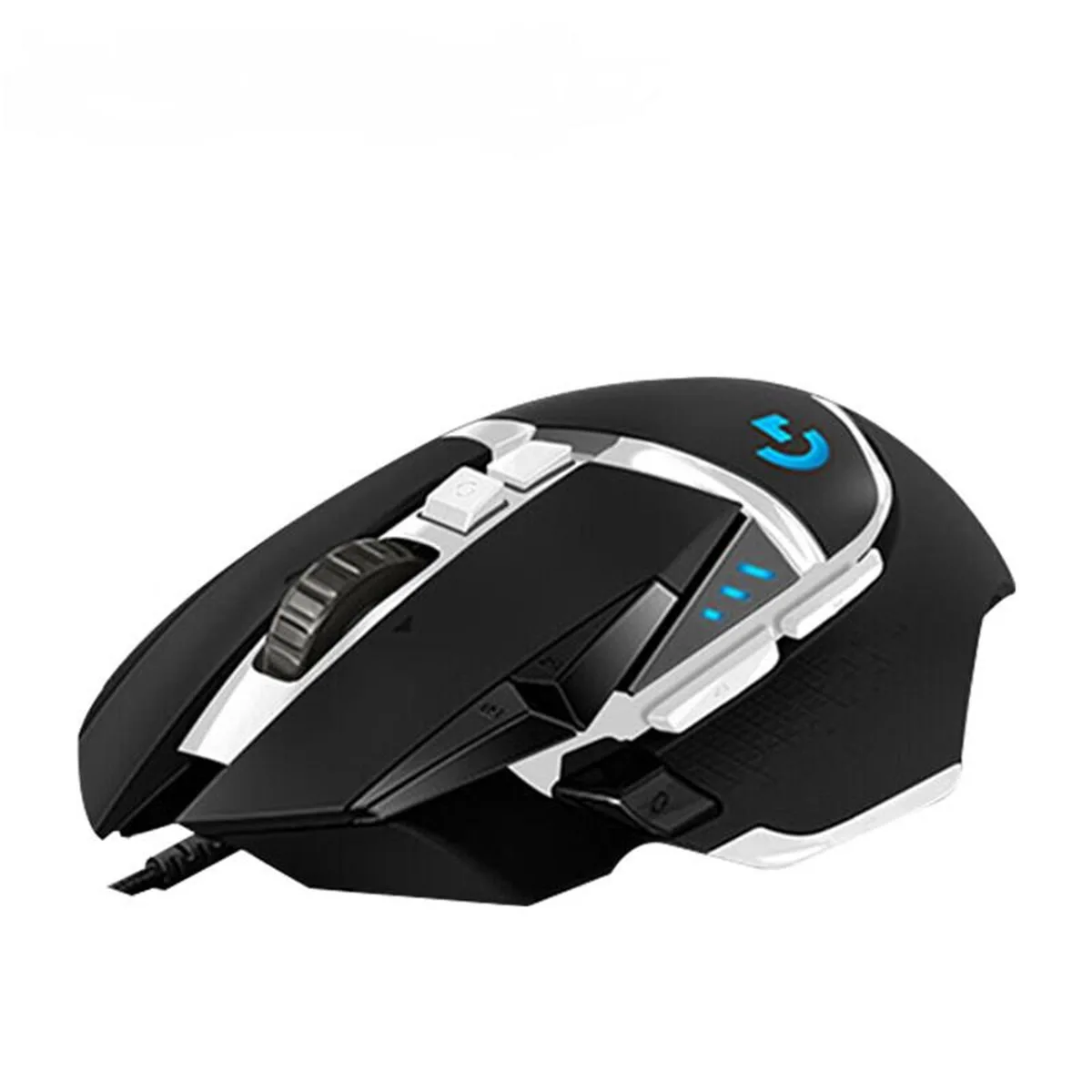 Black wired gaming mouse with ergonomic right-handed shape, textured side grips, and braided cable