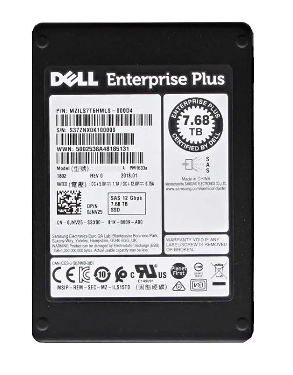 Silver 2.5 inch rectangular SSD with label showing Samsung PM1633a 7.68 TB SAS 12Gb/s