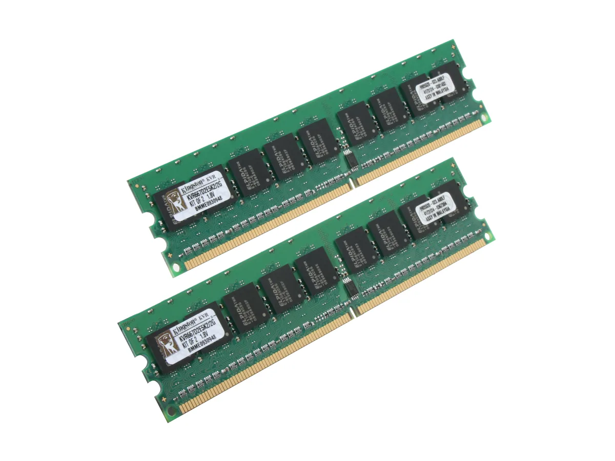 Two green 240-pin DDR2 memory modules with gold contacts and black chips