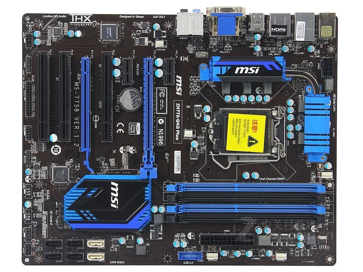 Rectangular ATX motherboard with dark PCB, silver LGA 1155 socket, four DDR3 slots, PCIe x16 and PCI slots, SATA ports, rear I/O shield