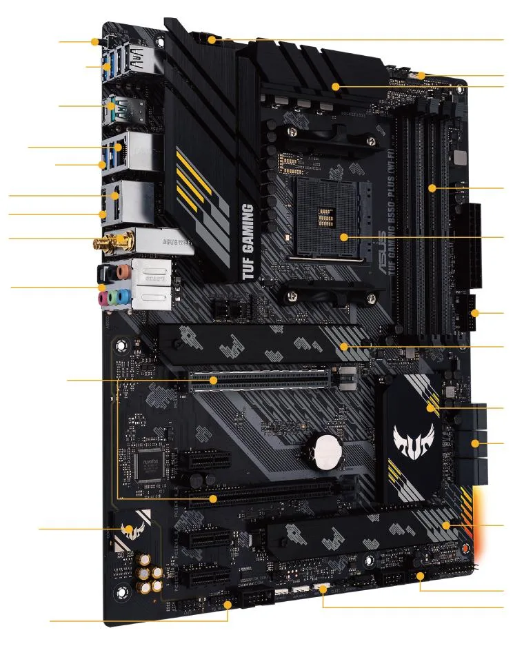 ATX motherboard in dark grey with yellow accents and Wi-Fi antenna