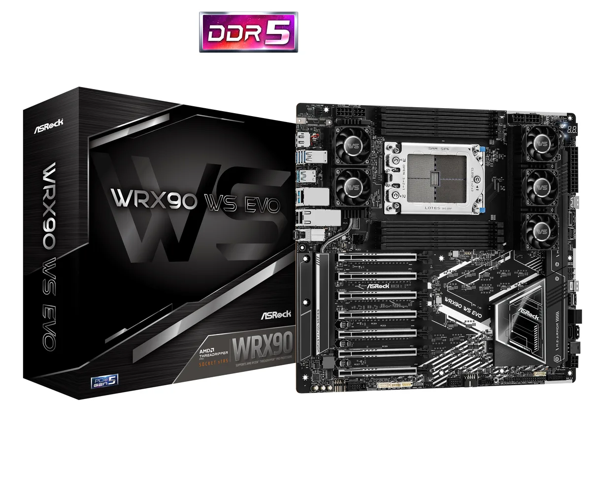 Rectangular server motherboard with dark PCB, eight DDR5 slots, seven full-length PCIe slots, dual 10G LAN ports