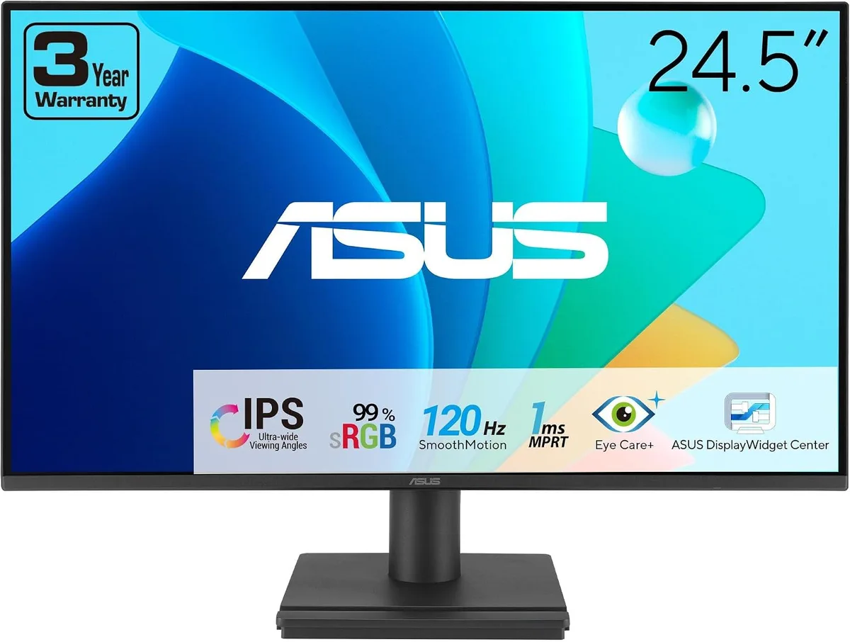 Black 24.5-inch flat IPS monitor with thin bezels and tilt stand