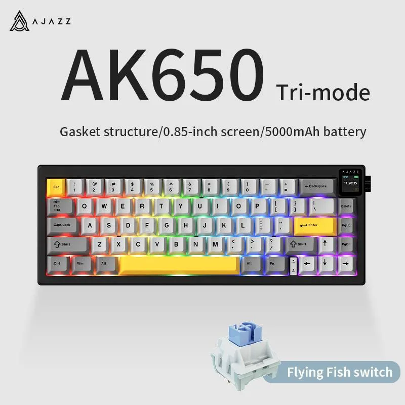 Compact 65-key mechanical keyboard in black grey yellow with 0.85-inch screen and knob