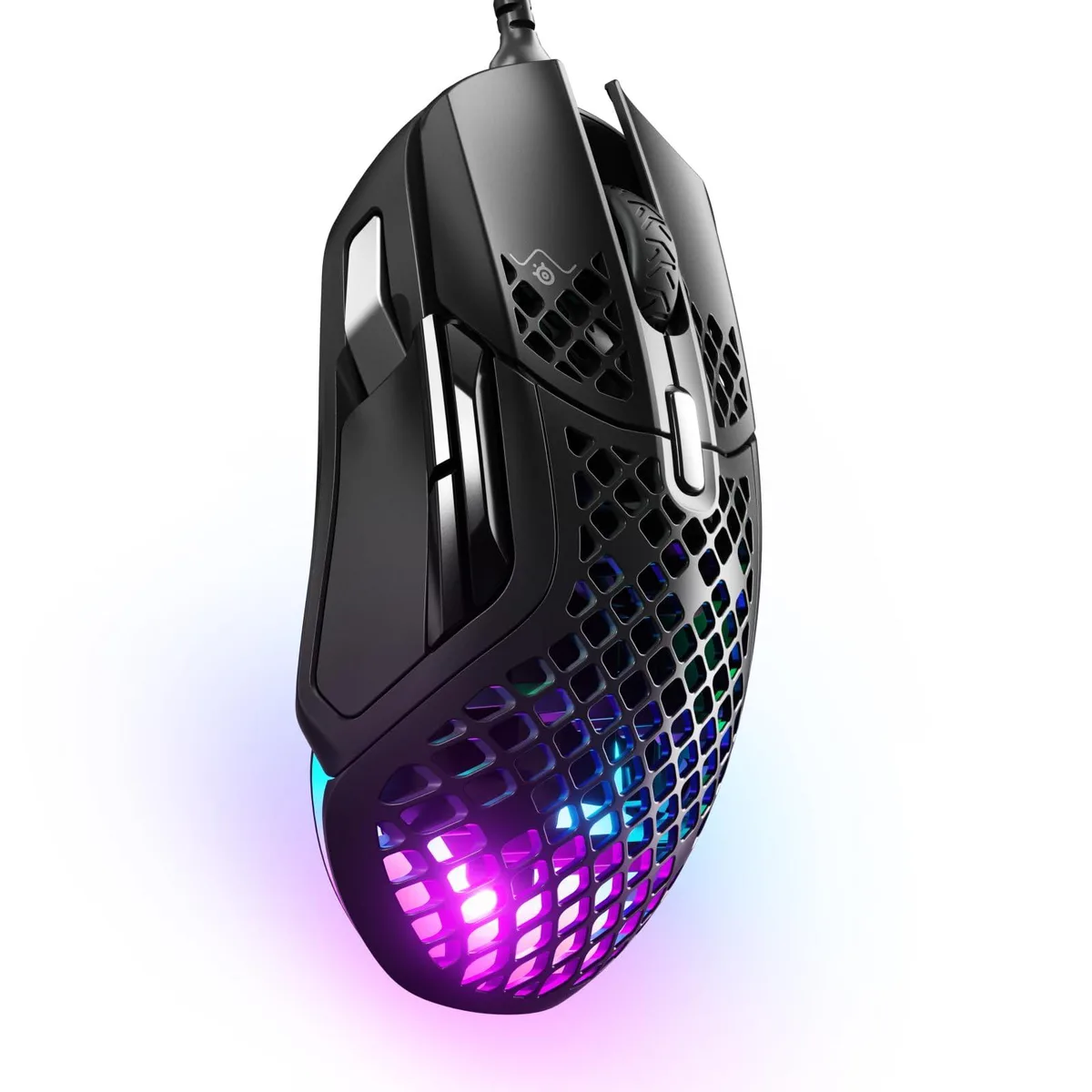 Lightweight right-handed gaming mouse with perforated shell and RGB lighting