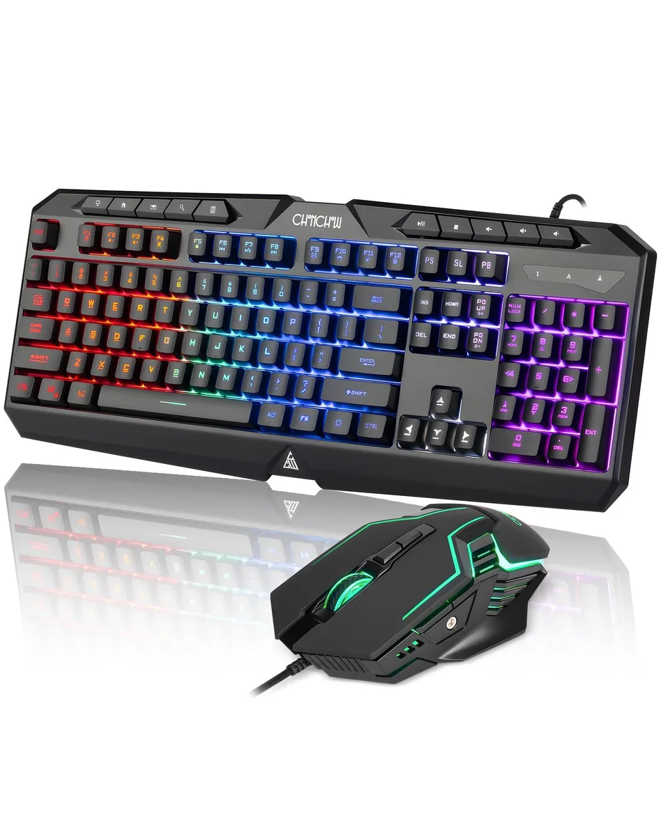 Black wired gaming keyboard and mouse combo with rainbow backlighting