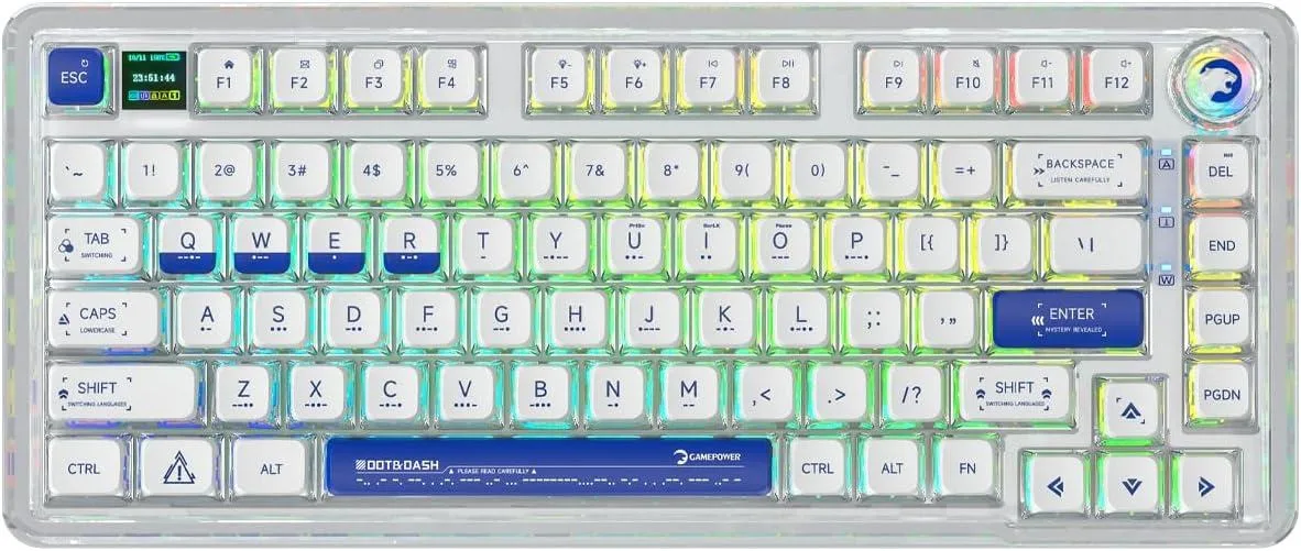 75% mechanical keyboard, transparent pudding keycaps, rotary knob, small LCD screen, RGB backlighting