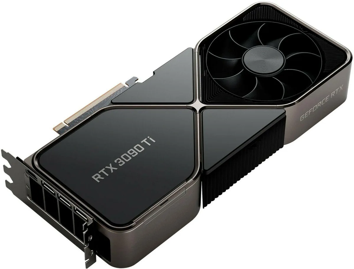 Silver dual-slot graphics card with angled cooler and illuminated GeForce RTX logo