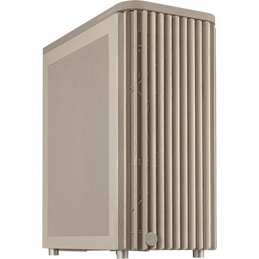 Beige ATX tower with wooden front panel and mesh side panel