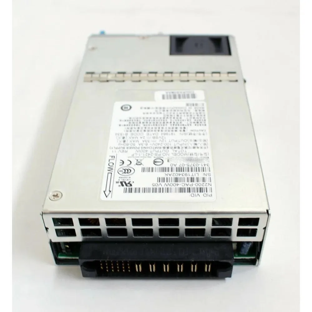 Rectangular ATX power supply unit with metal casing and rear fan grille